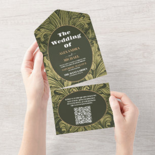 QR CodeVintage Bloemen Art Nouveau Bruiloft All In One Uitnodiging