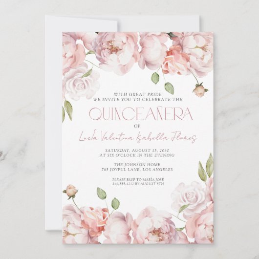 QR Elegant Blush Roze Bloemen Quinceanera Kaart (Voorkant)