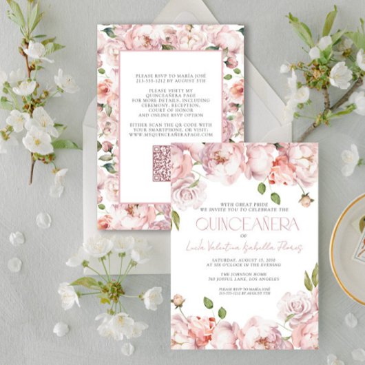 QR Elegant Blush Roze Bloemen Quinceanera Kaart