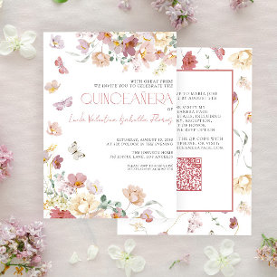 QR Elegant Blush Roze Bloemen Vlinder Quinceañera Kaart