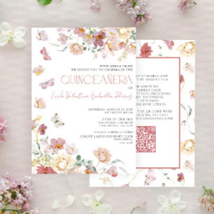 QR Elegant Blush Roze Bloemen Vlinder Quinceañera Kaart