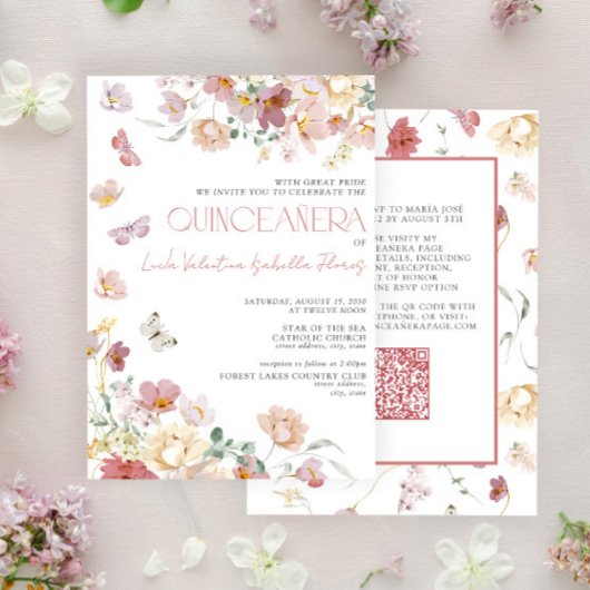 QR Elegant Blush Roze Bloemen Vlinder Quinceañera Kaart