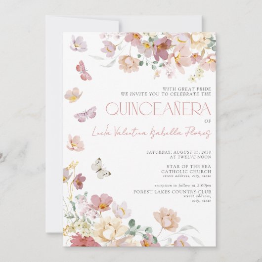 QR Elegant Blush Roze Bloemen Vlinder Quinceañera Kaart (Voorkant)