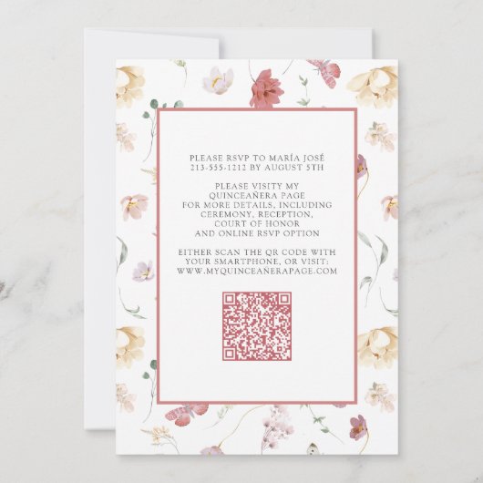 QR Elegant Blush Roze Bloemen Vlinder Quinceañera Kaart (Achterkant)
