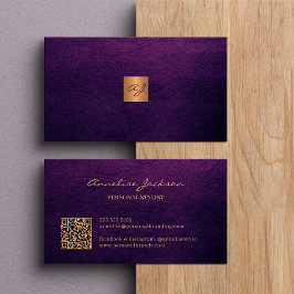 QR elegant luxe paarse lederen gouden monogram Visitekaartje
