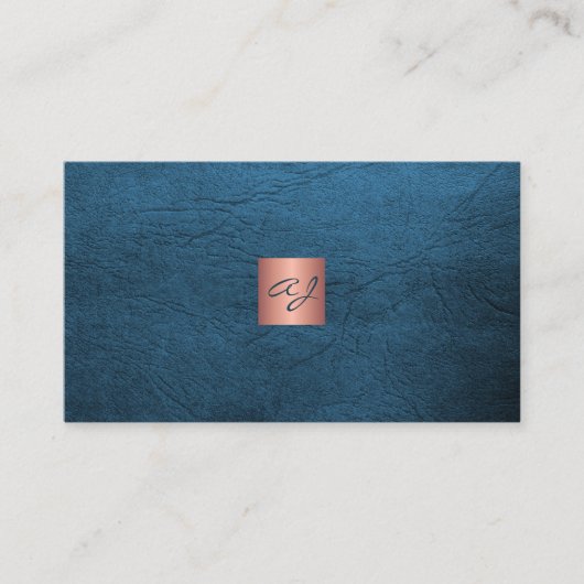 QR elegant luxury blue leather rose gold monogram  Visitekaartje (Voorkant)