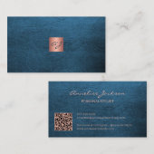 QR elegant luxury blue leather rose gold monogram  Visitekaartje (Voorkant / Achterkant)