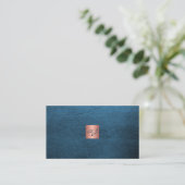 QR elegant luxury blue leather rose gold monogram  Visitekaartje (Staand voorkant)