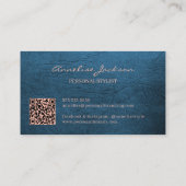 QR elegant luxury blue leather rose gold monogram  Visitekaartje (Achterkant)