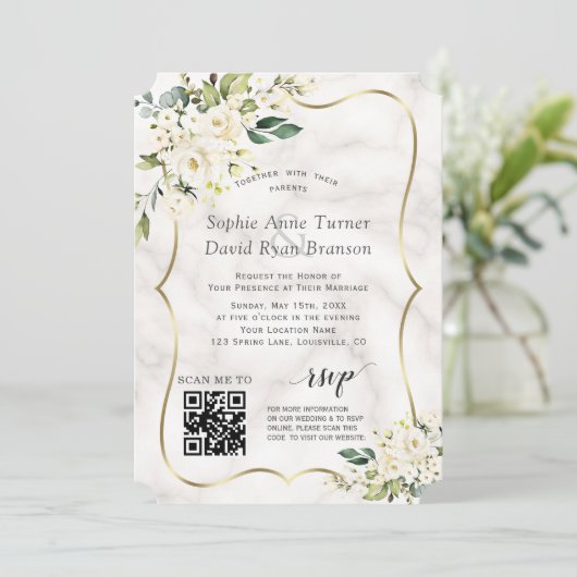 QR Elegant White Flowers Gold marble Wedding Kaart (Staand voorkant)