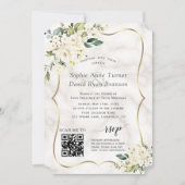 QR Elegant White Flowers Gold marble Wedding Kaart (Voorkant)
