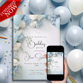QR Feestelijke Hemelblauwe Witte Bloemen en Ballon Kaart