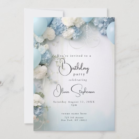 QR Feestelijke Hemelsblauw Witte Bloemen en Ballon Kaart (Voorkant)