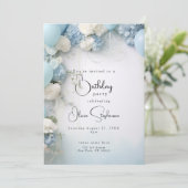 QR Feestelijke Hemelsblauw Witte Bloemen en Ballon Kaart (Staand voorkant)