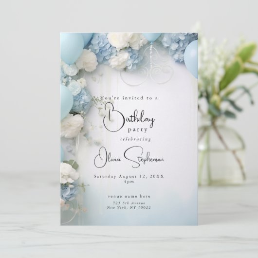 QR Feestelijke Hemelsblauw Witte Bloemen en Ballon Kaart (Staand voorkant)