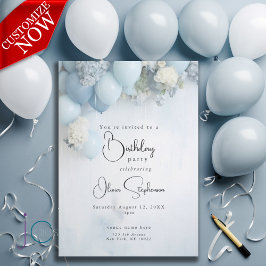 QR Festieve Stof Blauw Witte Bloemen en Ballonnen Kaart