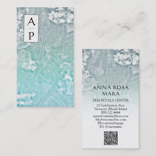 *~* QR Floral Subtle Flowers TURQUOISE Logo Foto Visitekaartje (Voorkant / Achterkant)