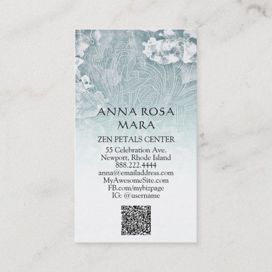 *~* QR Floral Subtle Flowers TURQUOISE Logo Foto Visitekaartje (Achterkant)