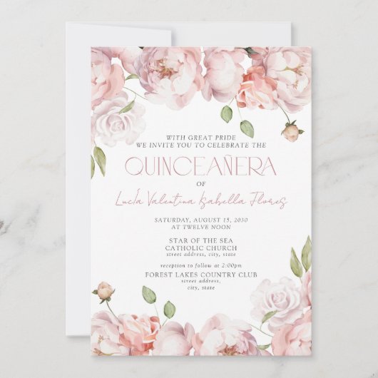QR Formele Elegante Blush Roze Bloemen Quinceanera Kaart (Voorkant)