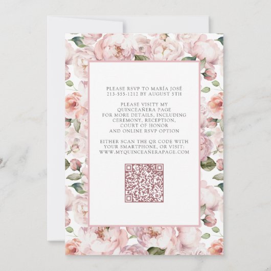 QR Formele Elegante Blush Roze Bloemen Quinceanera Kaart (Achterkant)