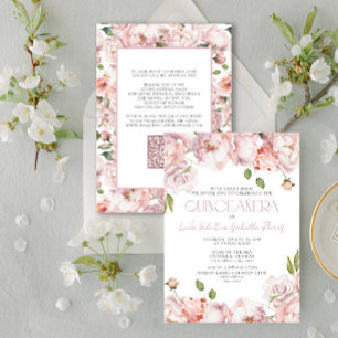 QR Formele Elegante Blush Roze Bloemen Quinceanera Kaart