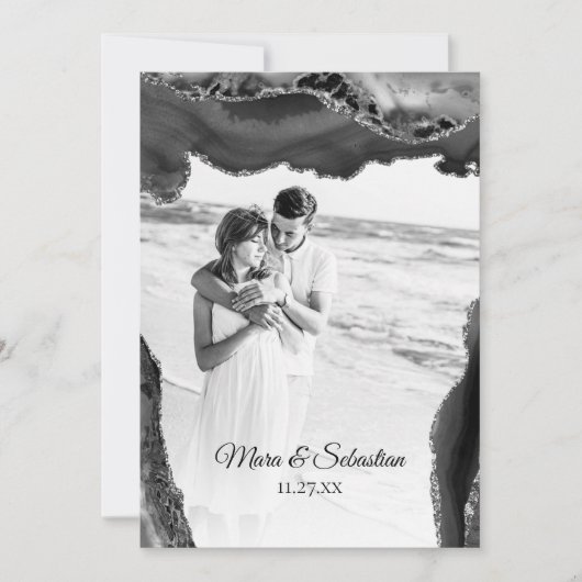 *~* QR FOTO RSVP AR13 AGATE Black Wedding Invi Kaart (Voorkant)