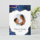 *~* QR FOTO RSVP AR13 Cosmic AGATE Blue Wedding Kaart (Staand voorkant)