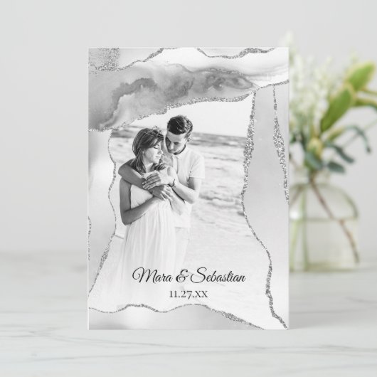 *~* QR FOTO RSVP AR13 Silver AGATE Wedding Kaart (Staand voorkant)