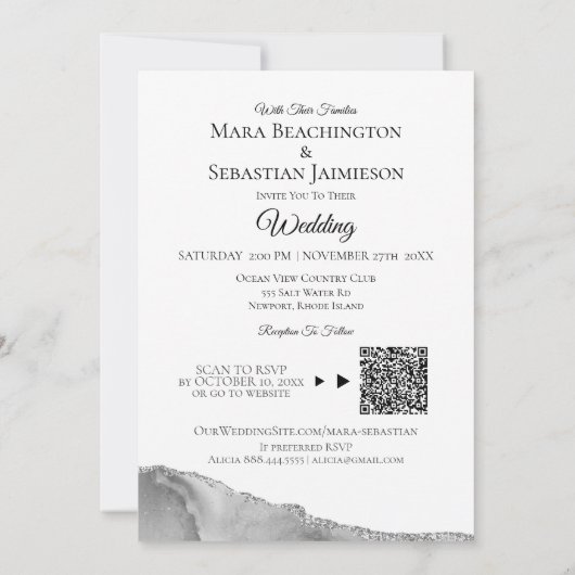 *~* QR FOTO RSVP AR13 Silver AGATE Wedding Kaart (Achterkant)