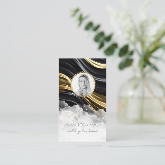 *~* QR GOLD Agaat Marmer FOTO LOGO ZWART AP66 Visitekaartje (Staand voorkant)