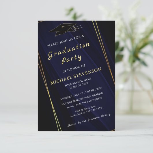 QR Gold Navy Blue Afstuderen Invitation Kaart (Staand voorkant)