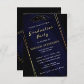 QR Gold Navy Blue Afstuderen Invitation Kaart (Voorkant / Achterkant)