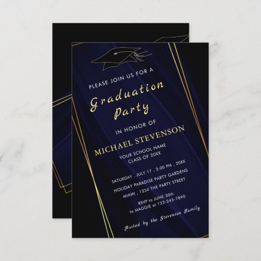 QR Gold Navy Blue Afstuderen Invitation Kaart (Voorkant / Achterkant)
