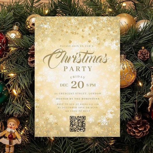 QR Gold Winter Diamonds Glitter Christmas Party Kaart