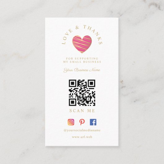 QR Hot Pink Heart Love & Thanks Supporting Visitekaartje (Voorkant)