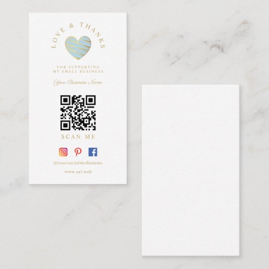 QR Light Blue Heart Love & Thanks Supporting Visitekaartje (Voorkant / Achterkant)