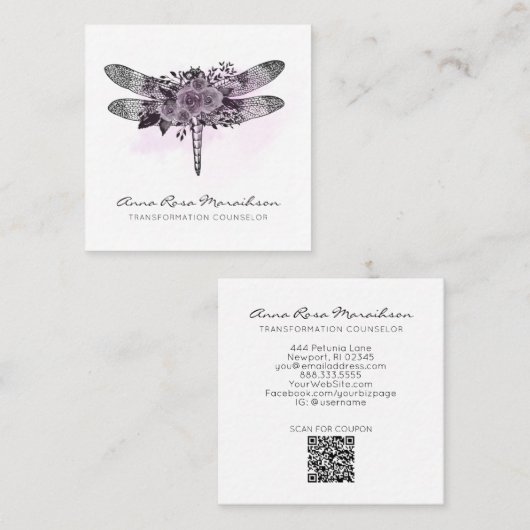 *~* QR LOGO Floral Waterverf GRAY Dragonfly Vierkante Visitekaartje (Voorkant / Achterkant)