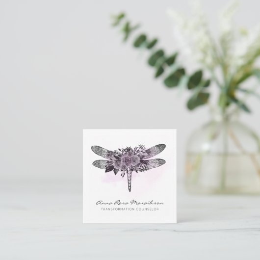 *~* QR LOGO Floral Waterverf GRAY Dragonfly Vierkante Visitekaartje (Staand voorkant)