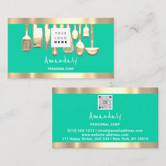 QR Logo Personal Chef Cooking Restaurant Food Mint Visitekaartje (Voorkant / Achterkant)