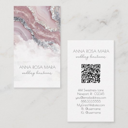 *~* QR Luxe Agaat ROZE Zilver Glitter Glam AP66 Visitekaartje (Voorkant / Achterkant)