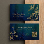 QR Luxury navy blue elegant faux gold foil foliage Visitekaartje