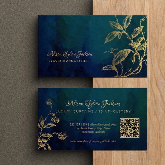QR Luxury navy blue elegant faux gold foil foliage Visitekaartje