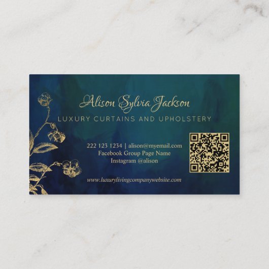 QR Luxury navy blue elegant faux gold foil foliage Visitekaartje (Achterkant)