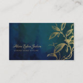QR Luxury navy blue elegant faux gold foil foliage Visitekaartje (Voorkant)