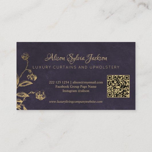 QR Luxury purple elegant faux gold foil foliage Visitekaartje (Achterkant)