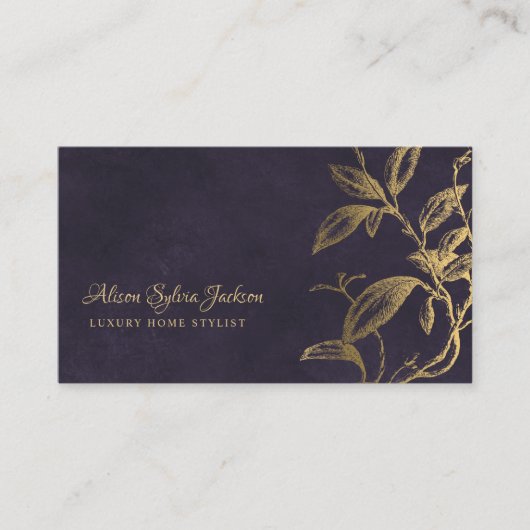 QR Luxury purple elegant faux gold foil foliage Visitekaartje (Voorkant)