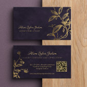 QR Luxury purple elegant faux gold foil foliage Visitekaartje