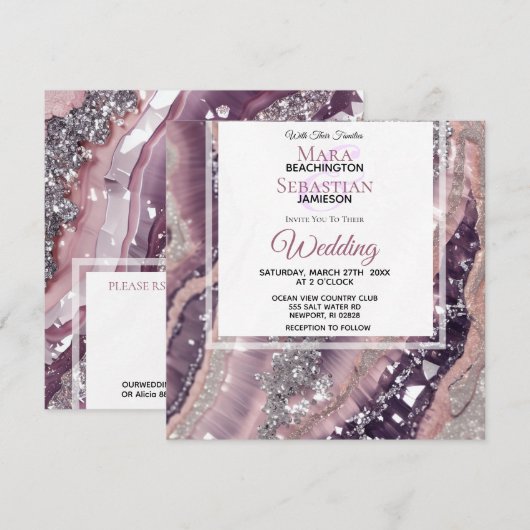 *~* QR MAUVE RSVP Zilveren AGAAT AR66 Bruiloft Kaart (Voorkant / Achterkant)