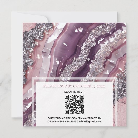 *~* QR MAUVE RSVP Zilveren AGAAT AR66 Bruiloft Kaart (Achterkant)