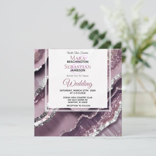 *~* QR MAUVE Zilveren AGAAT AR66 RSVP Bruiloft Kaart (Staand voorkant)